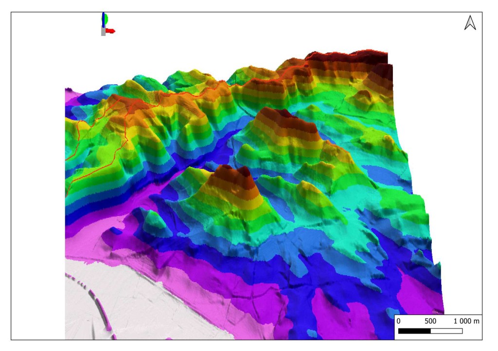 Représentation graphique des reliefs dans le Lauragais, Yardangs bien visibles (c) Manon Beauvillier 2022