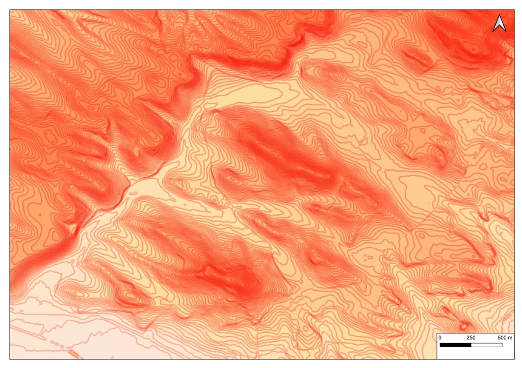 Représentation graphique des reliefs dans le Lauragais, Yardangs bien visibles (c) Manon Beauvillier 2022