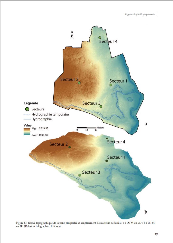 Relevé topographique de la zone prospectée et emplacement des secteurs de fouille. a : DTM en 2D ; b : DTM
en 3D (Relevé et infographie : F. Soula).