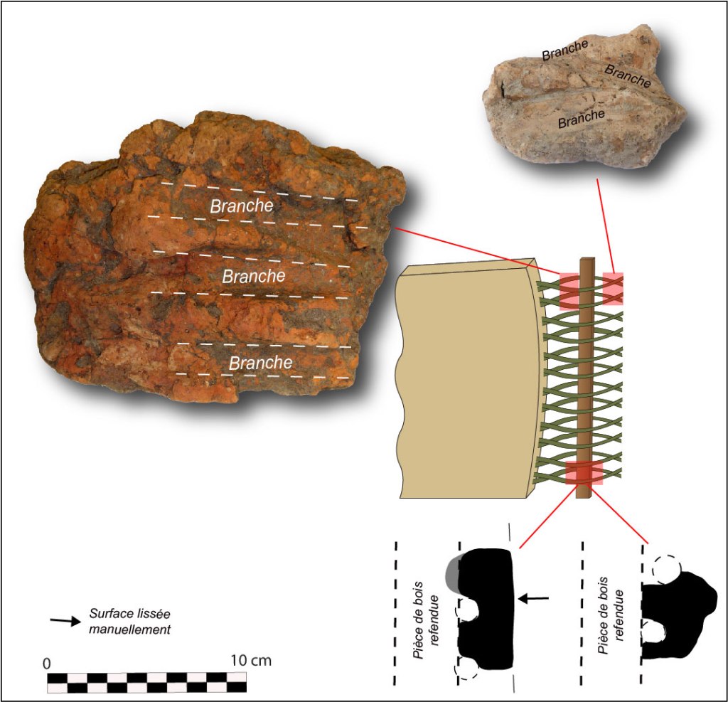 Évocation d'une paroi en torchis sur clayonnage d'un bâtiment sur poteaux plantés de l'établissement de Montbartier "Vicari" (Tarn-et-Garonne ; cl. et DAO : P. Péfau).