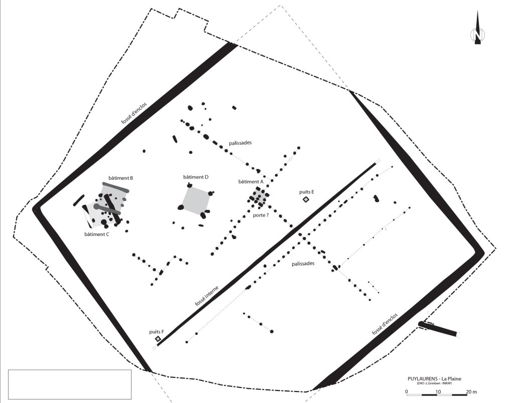 Plan d'un établissement rural du Second âge du Fer ( Puylaurens dans le Tarn ; DAO : L. Grimbert)
